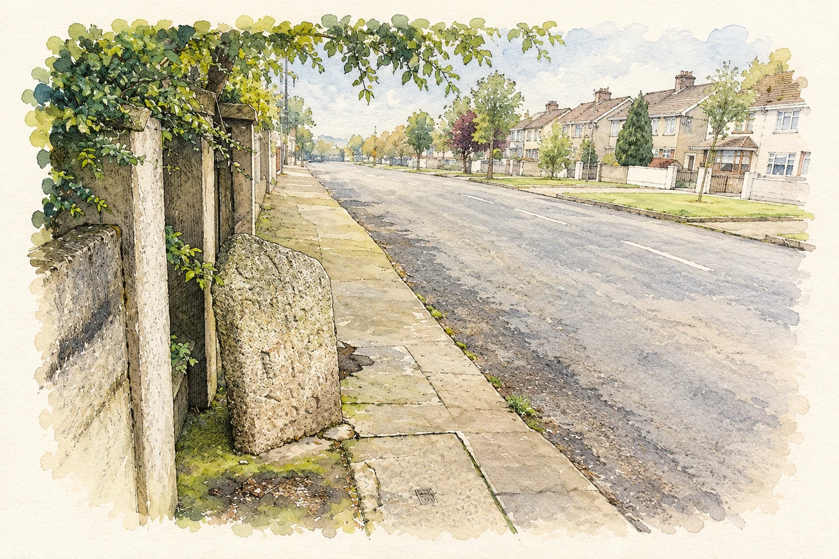 Watercolour and fine ink illustration of North Road milestone, Finglas, County Dublin.