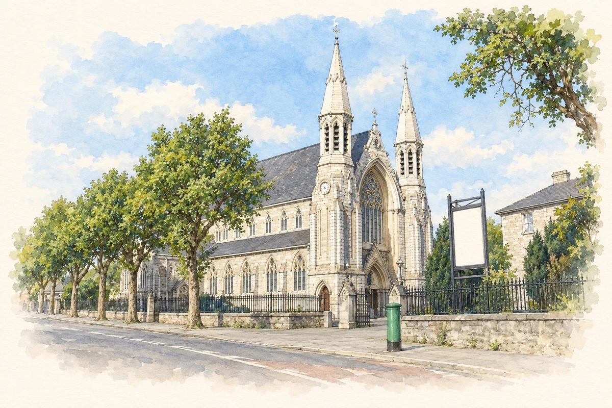 Watercolour and fine ink illustration of Church of Mary Immaculate at Inchicore, as photographed in 2007.
