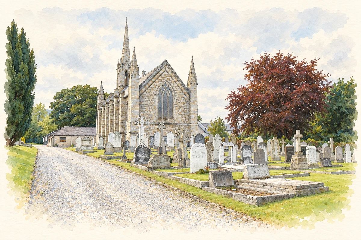 Watercolour and fine ink illustration of Saint Tiernan’s Church near Goldenball, as photographed in 2007.