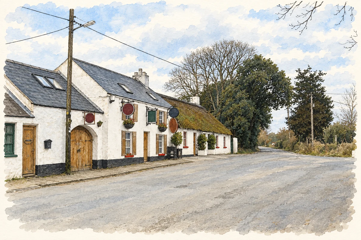 Watercolour and fine ink illustration of The Man O’ War Inn at Courtlough, as photographed in March 2010.