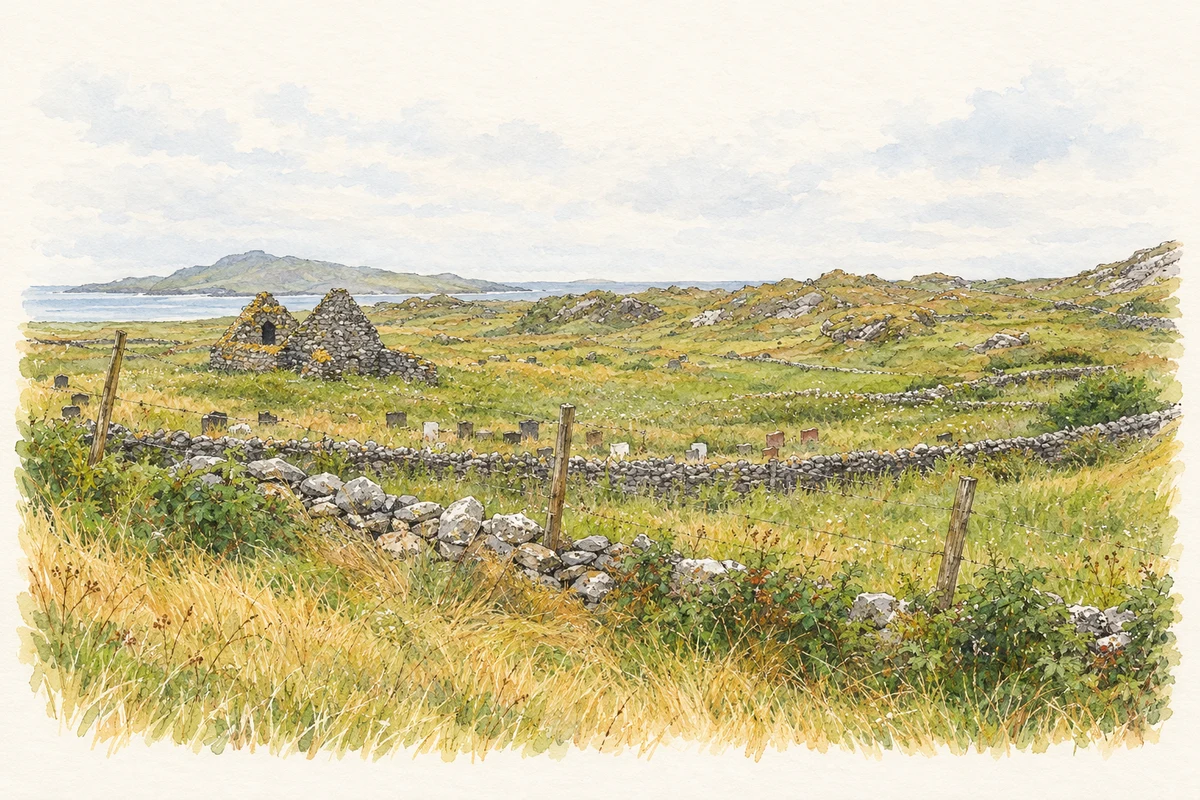 Watercolour and fine ink illustration of Surviving chapel ruins at Saint Colman’s monastery, Inishbofin, County Galway, as photographed in July 2006.