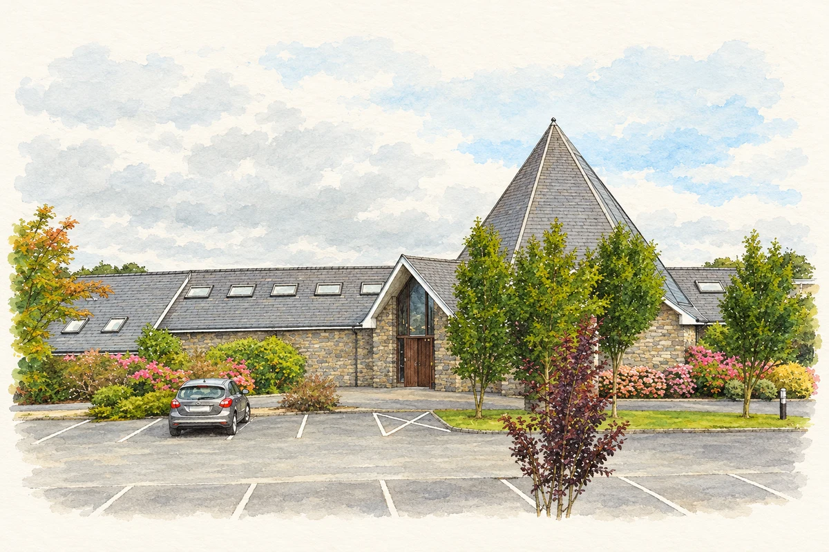 Watercolour and fine ink illustration of Saint Michael’s Church on the former railway station site at Killorglin, County Kerry, as photographed in August 2014.