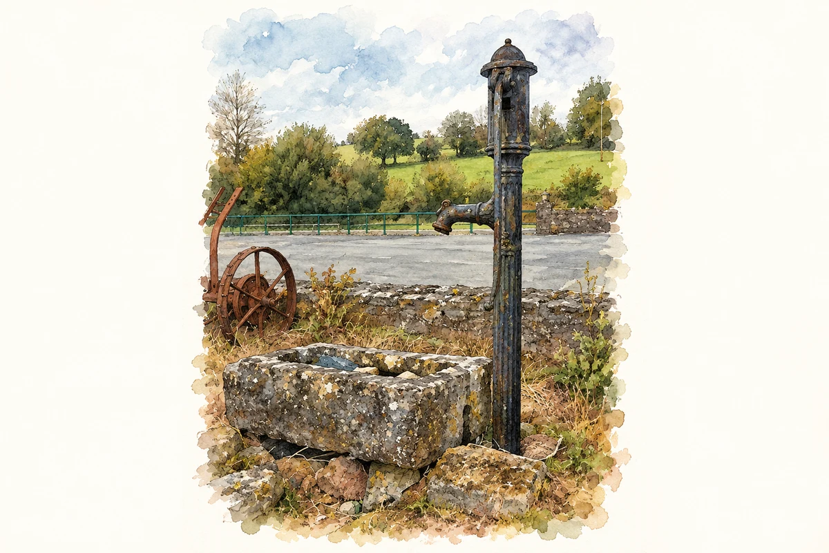 Watercolour and fine ink illustration of Historic pump and stone trough, Bunbrosna, County Westmeath.
