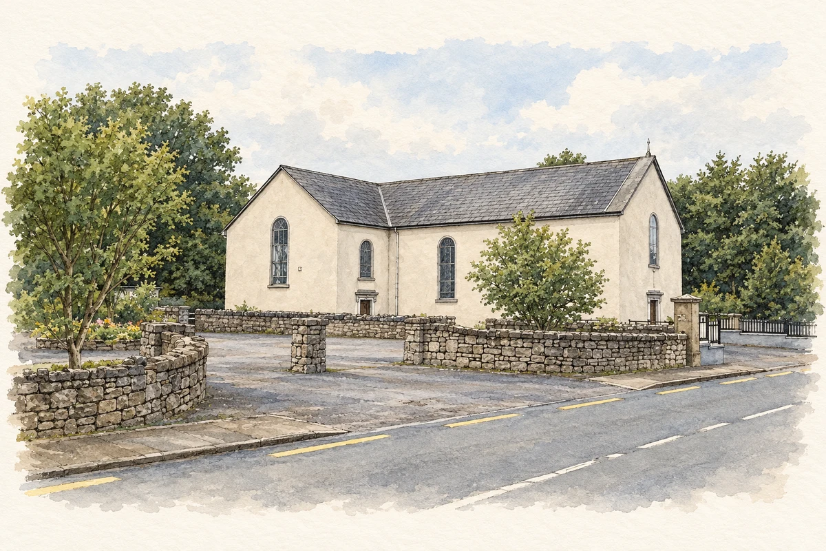 Watercolour and fine ink illustration of Church of the Immaculate Conception, Tang, County Westmeath.