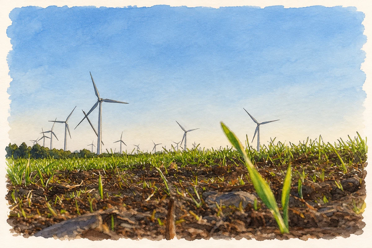 Watercolour and fine ink illustration of Mount Lucas Wind Farm, as photographed in May 2017.