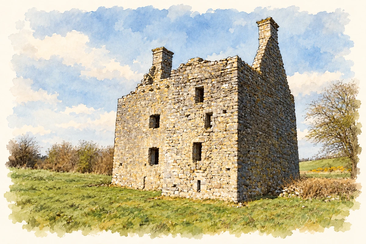 Watercolour and fine ink illustration of Castlebaldwin fortified house ruin, County Sligo.