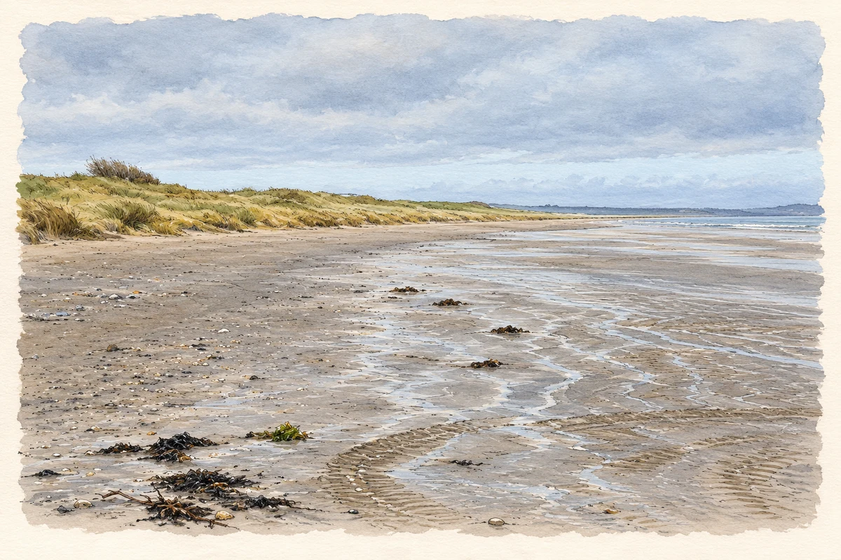 Watercolour and fine ink illustration of Bettystown Beach and dunes.