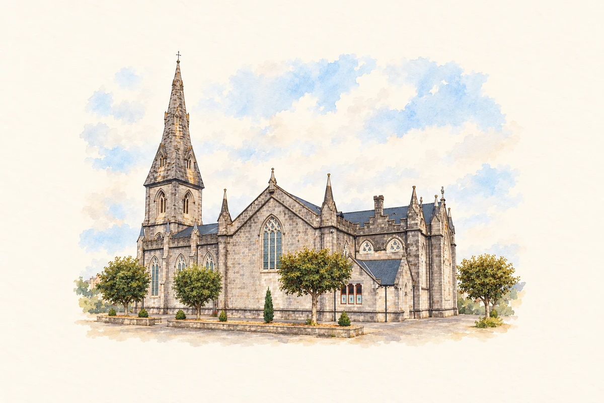 Watercolour and fine ink illustration of Saint Muredach's Cathedral, Ardnaree/Ballina, County Mayo.