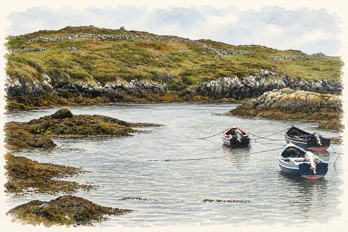 Watercolour and fine ink illustration of Droim Quay harbour, south end of Gorumna Island, County Galway.