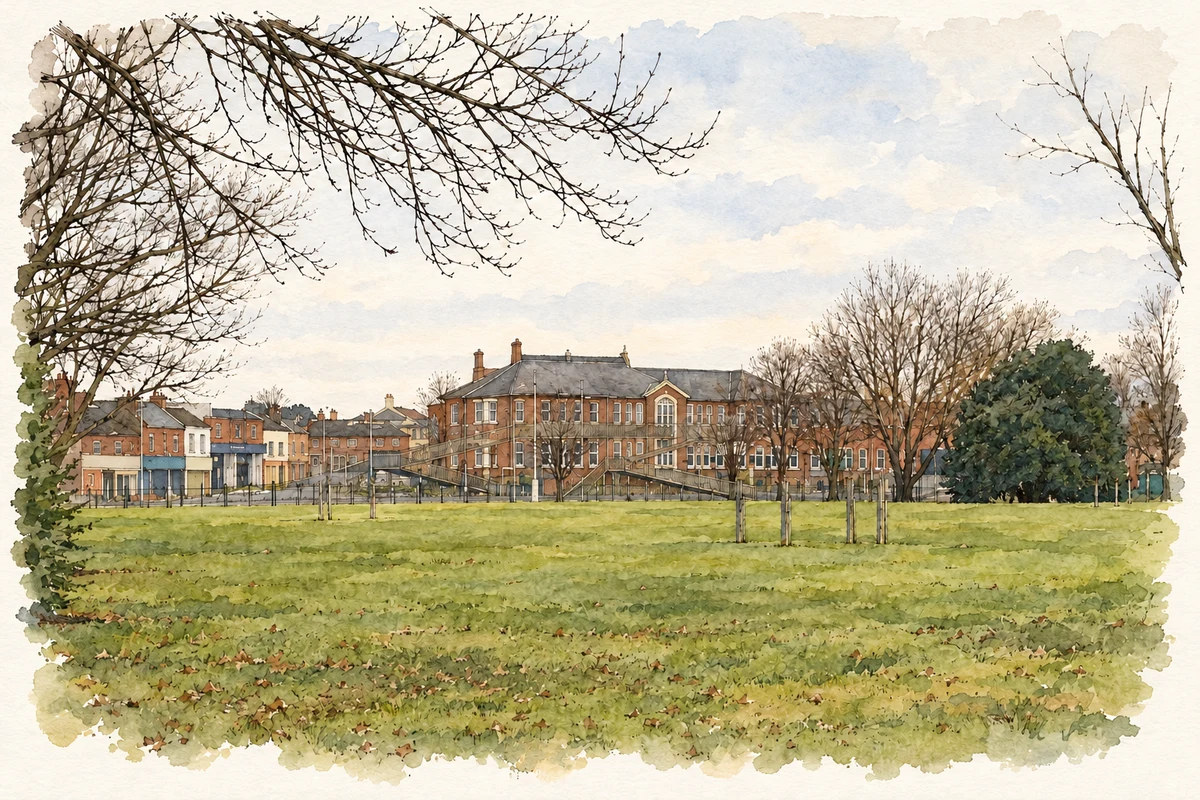 Watercolour and fine ink illustration of St Joseph's CBS School seen across Fairview Park, Dublin.