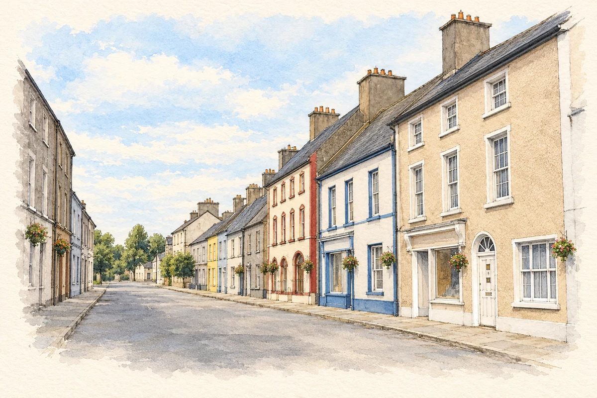 Watercolour and fine ink illustration of Main Street, Eyrecourt.