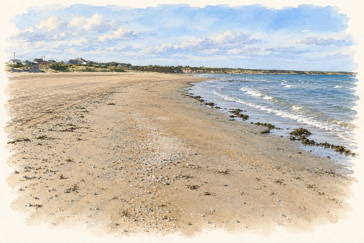 Watercolour and fine ink illustration of North Beach near Kilbush and Rush, as photographed in 2013.