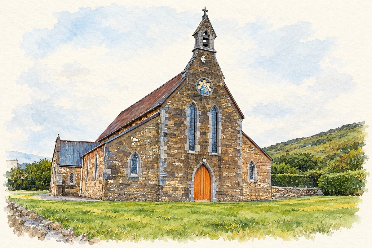 Watercolour and fine ink illustration of St Vincent's Church, Ballyferriter East.