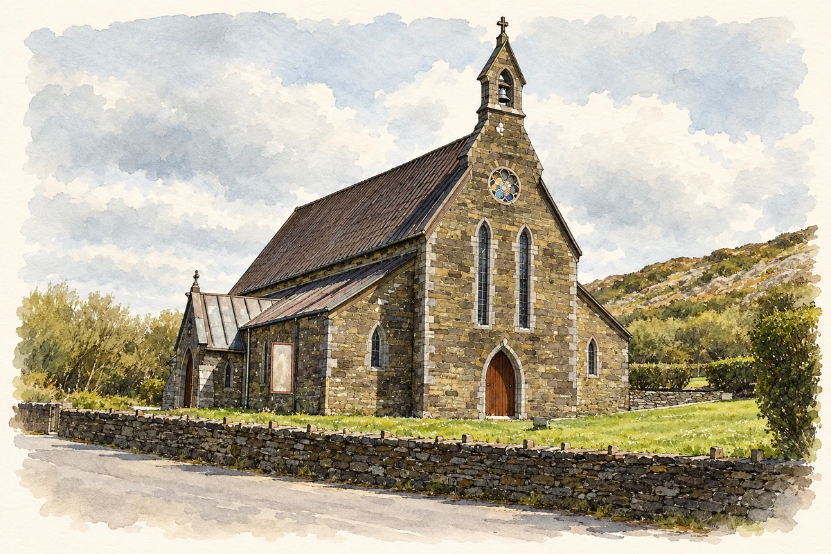 Watercolour and fine ink illustration of Ballyferriter church, County Kerry.