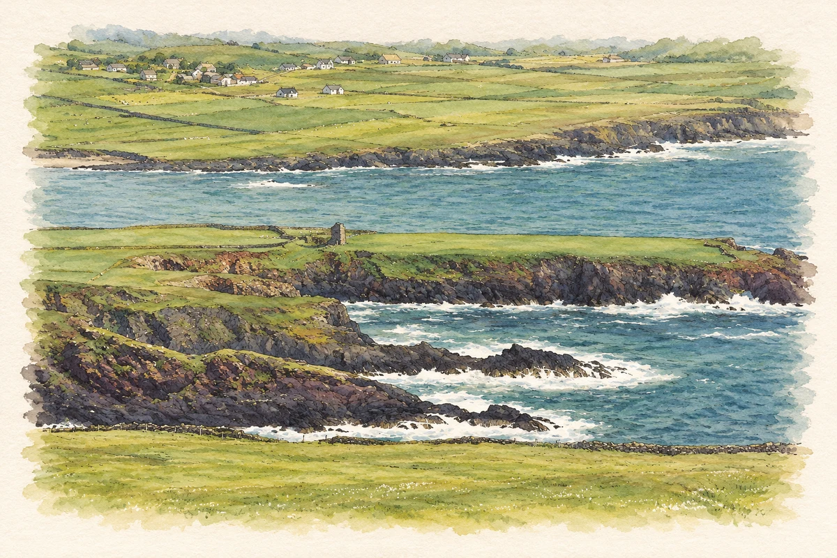 Watercolour and fine ink illustration of Ferriter's Cove and Doon Point, near Ballyoughteragh.