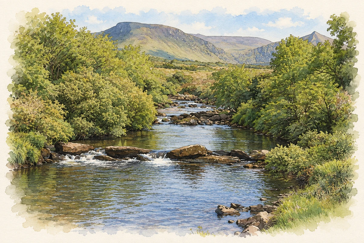 Watercolour and fine ink illustration of River Owenmore at Boherboy, County Kerry.
