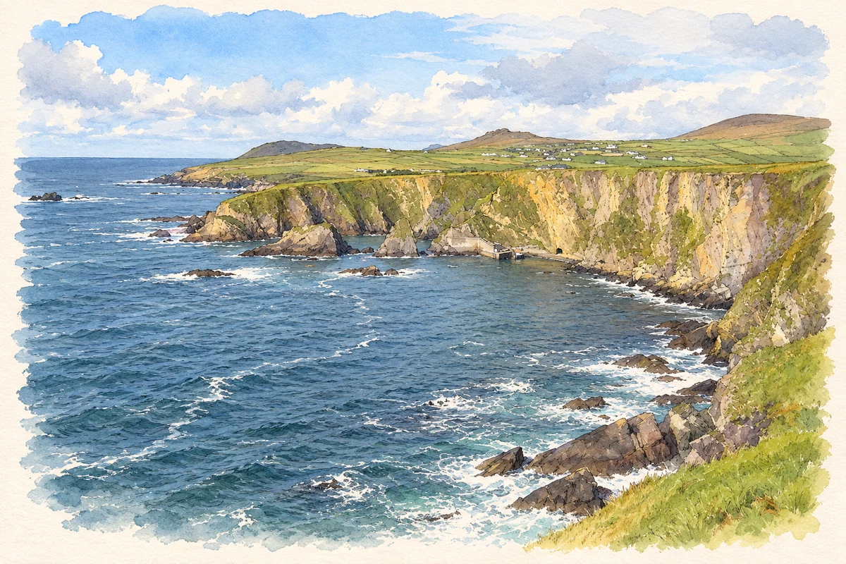 Watercolour and fine ink illustration of Dunquin Bay, as photographed in 2006.