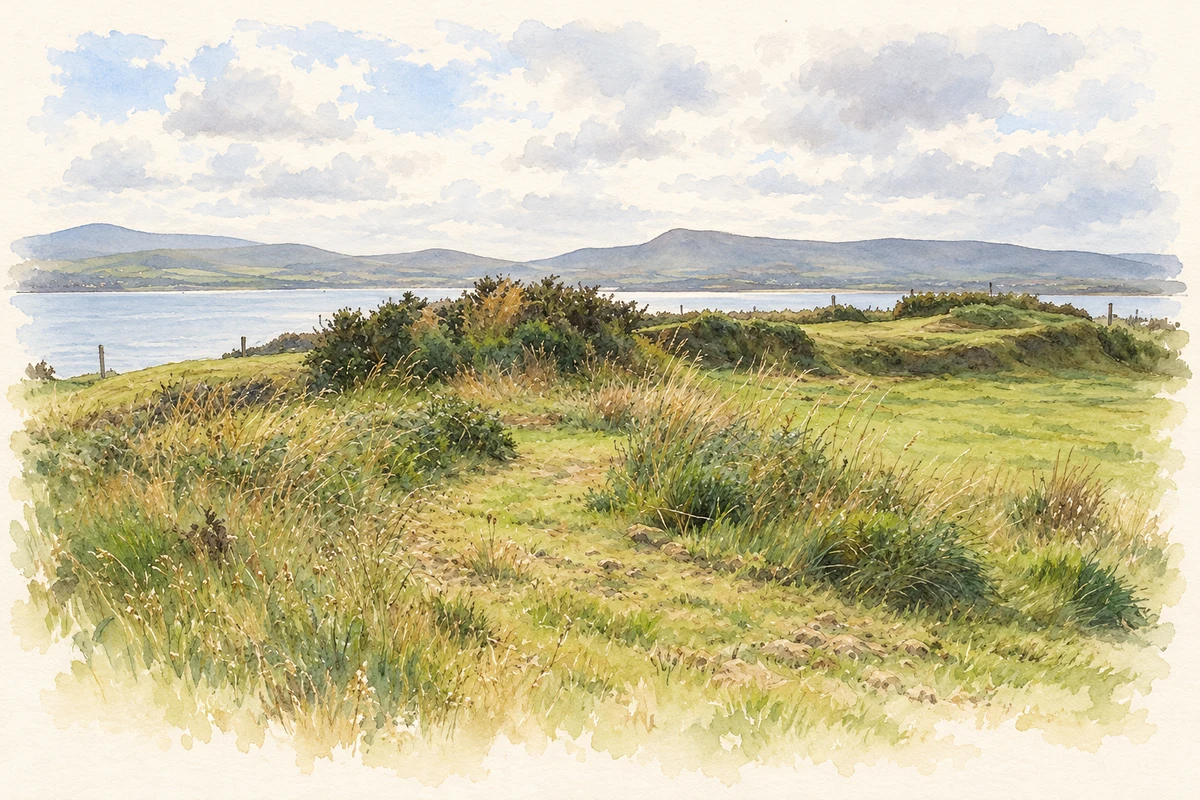 Watercolour and fine ink illustration of Surviving earthworks at Dun an Óir near Farran, as photographed in 2006.