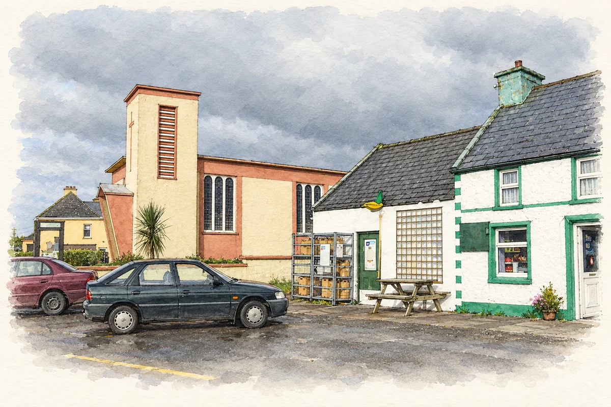 Watercolour and fine ink illustration of Keel’s church and post office, as photographed in 2007.