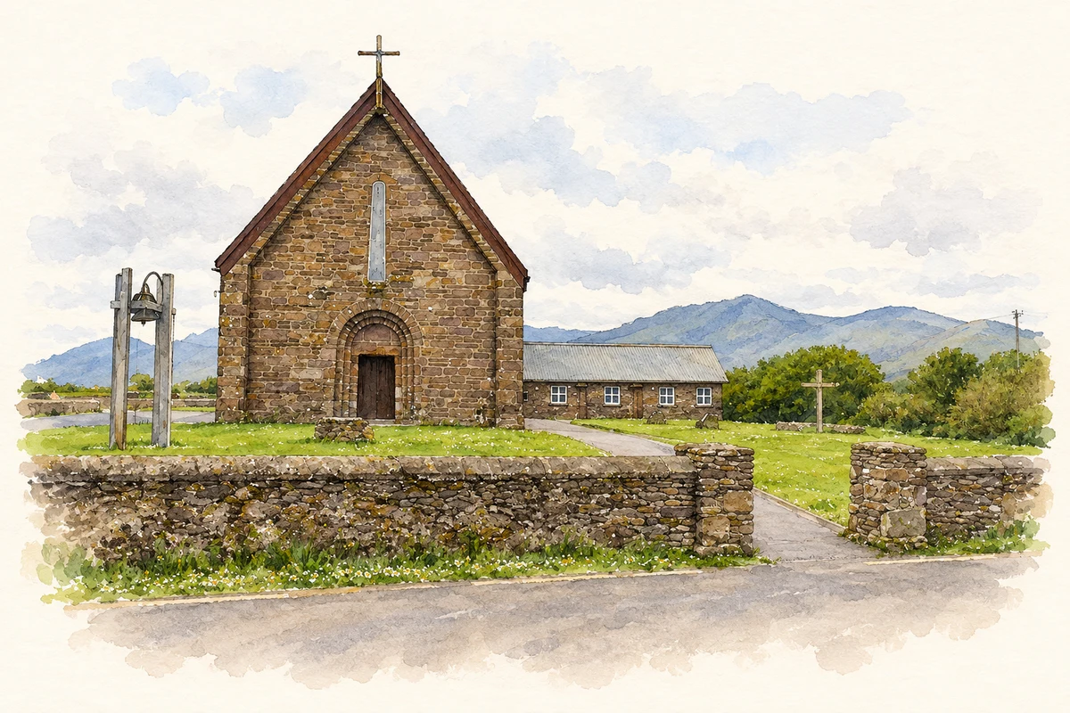Watercolour and fine ink illustration of Saint Brendan’s Church at Kilcooly, as photographed in 2005.