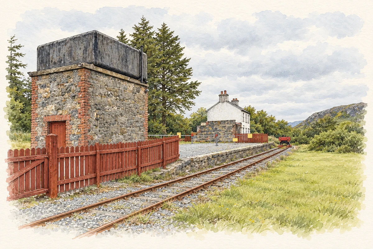 Watercolour and fine ink illustration of Water tower and station at Fintown Railway, as photographed in 2026.