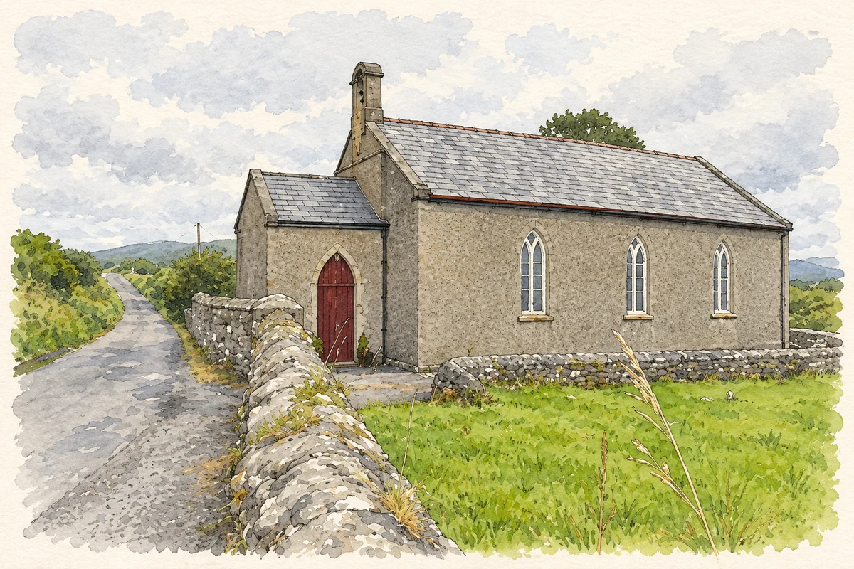 Watercolour and fine ink illustration of The Church of Ireland at Lettermacaward, as photographed in 2012.