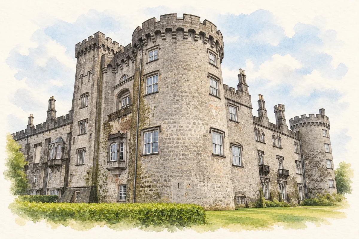 Watercolour and fine ink illustration of intact Kilkenny Castle with its round battlemented tower and limestone wings.