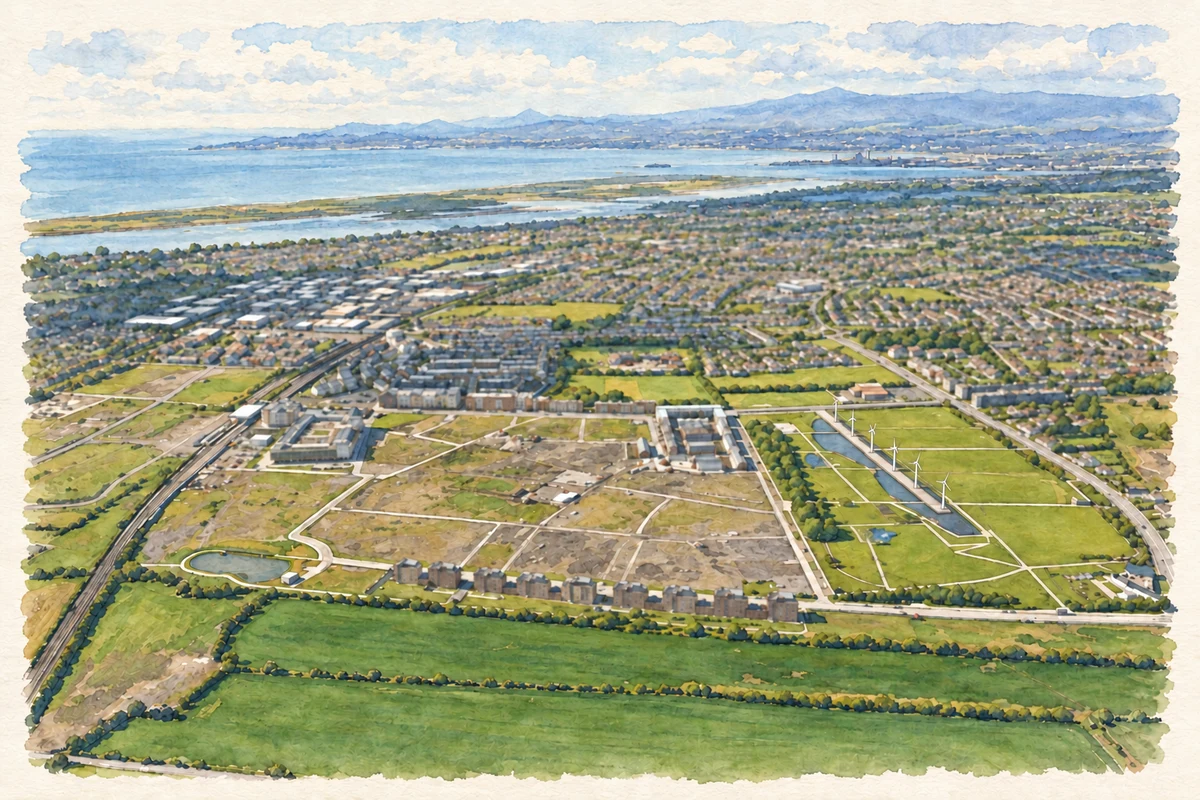 Watercolour and fine ink illustration of Clongriffin and Father Collins Park from the air.