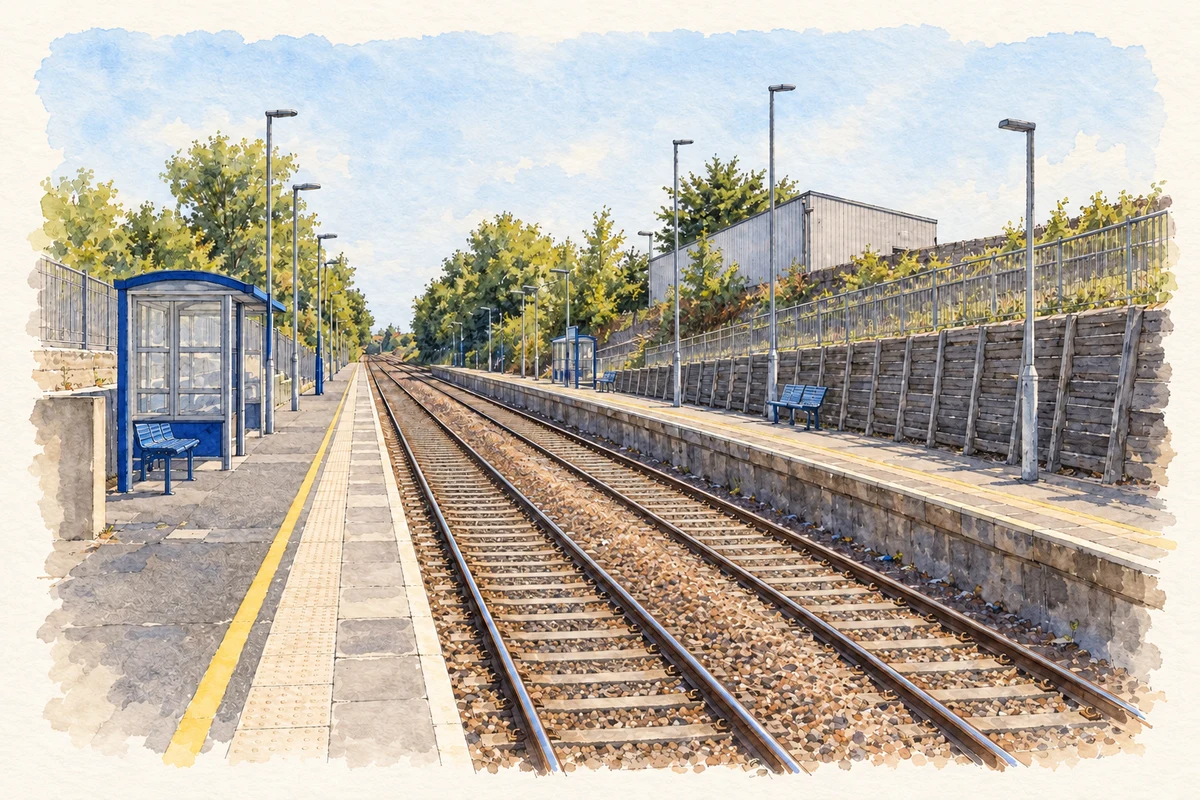 Watercolour and fine ink illustration of Clipperstown railway station.