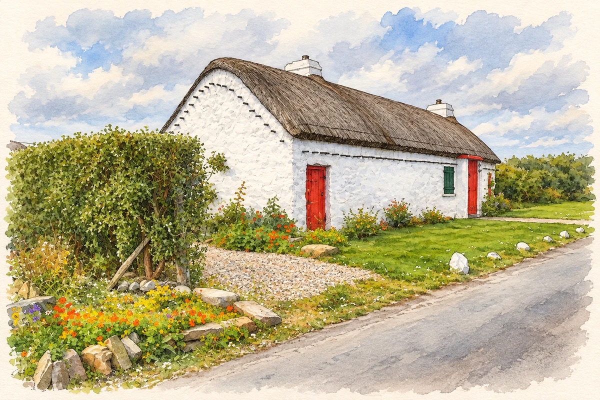 Watercolour and fine ink illustration of Traditional cottage, Ballyhillin.