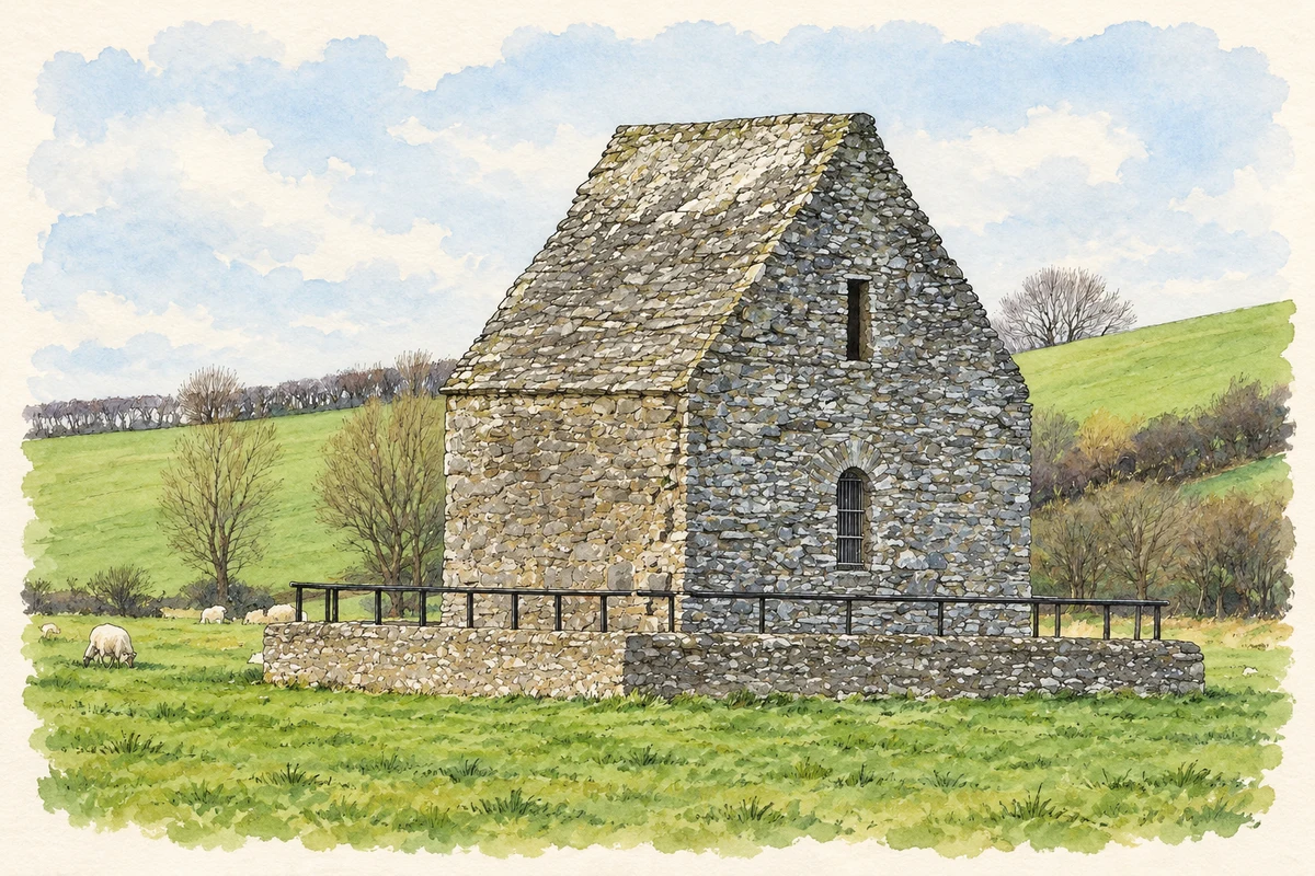 Watercolour and fine ink illustration of St Mochta's House, Louth village.