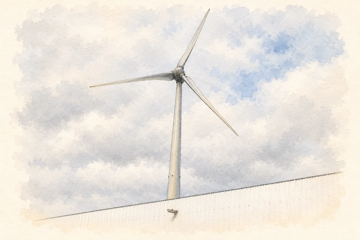 Watercolour and fine ink illustration of Munster Joinery turbine near Ballydesmond, County Cork.