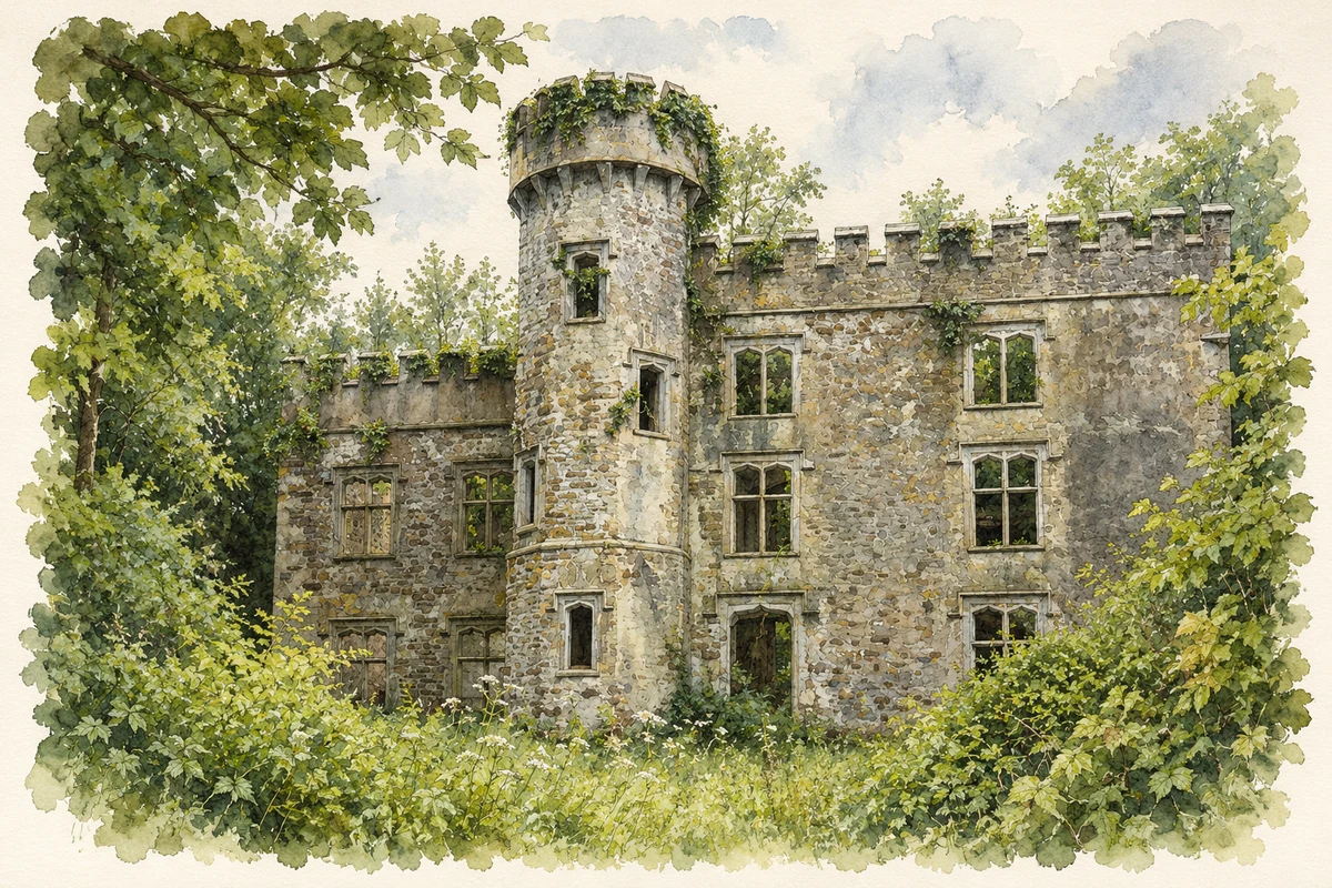 Watercolour and fine ink illustration of Duarrigle Castle near Cullen, County Cork.