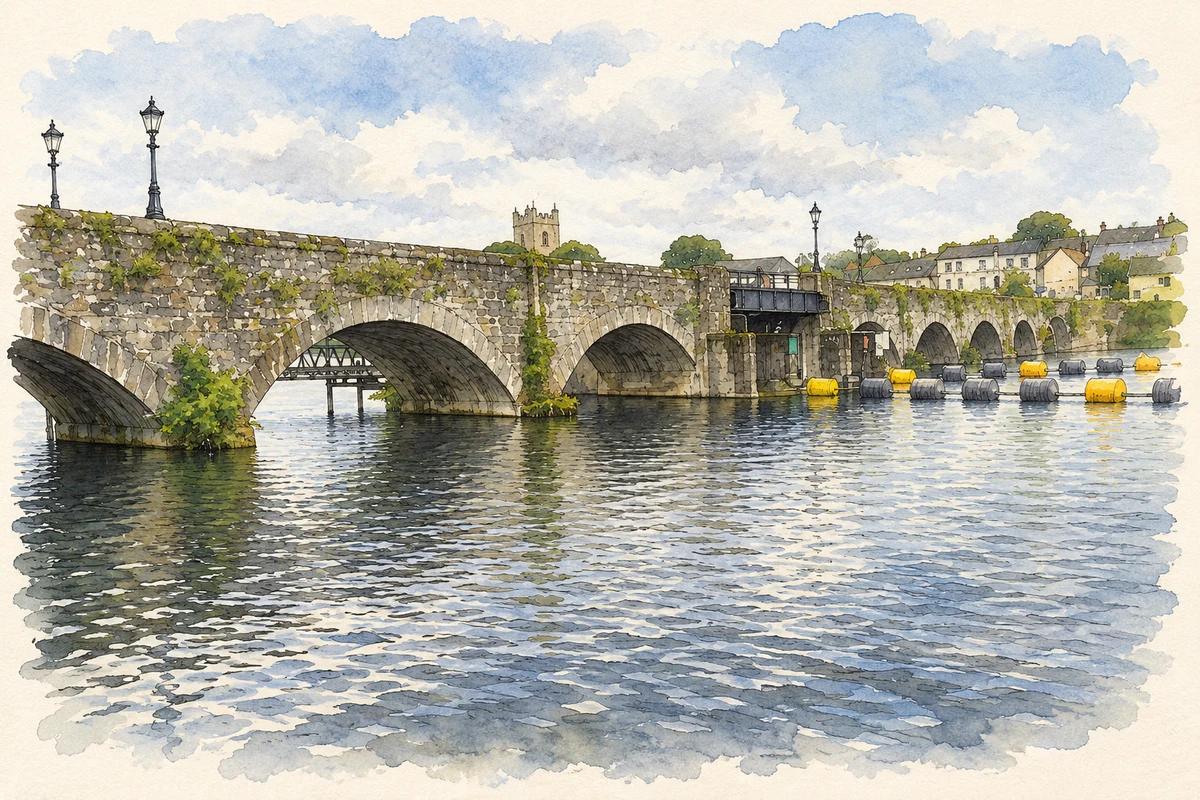 Watercolour and fine ink illustration of Eastern arches and lifting section of Killaloe–Ballina Bridge.