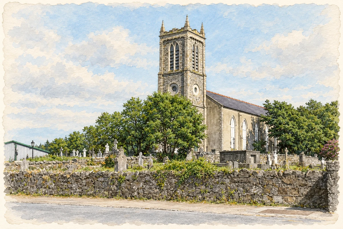 Watercolour and fine ink illustration of St Mary's RC Church, Cockhill, County Donegal.