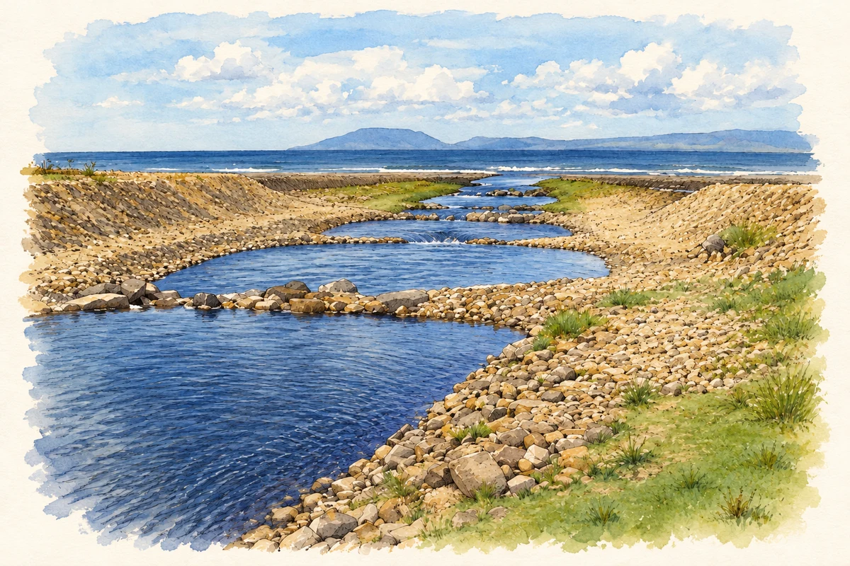 Watercolour and fine ink illustration of Drowes River mouth, Bundrowes.