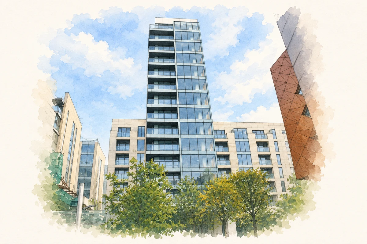 Watercolour and fine ink illustration of Beacon Tower, Beacon South Quarter, Sandyford.