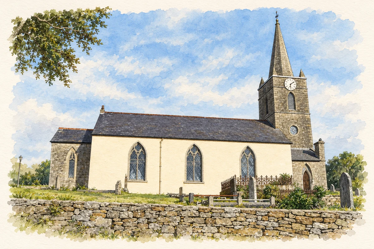 Watercolour and fine ink illustration of Inver Church, County Donegal.