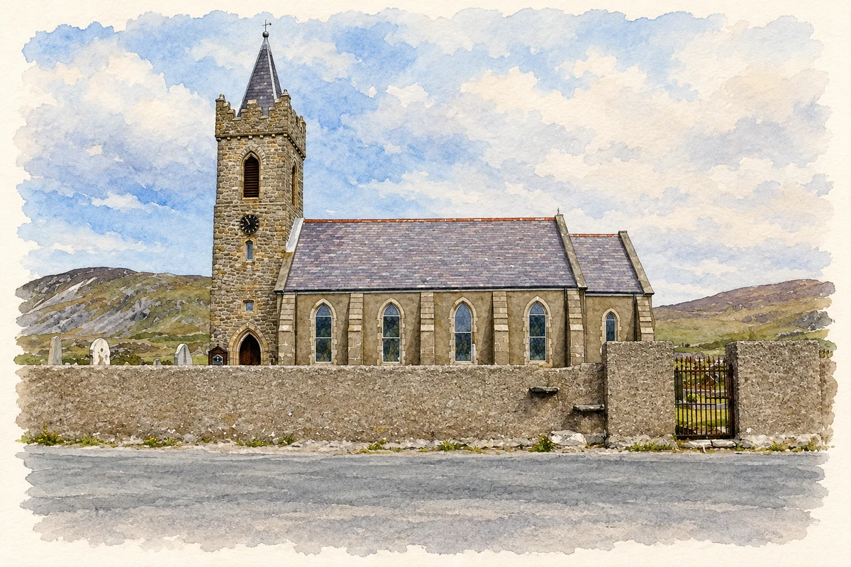Watercolour and fine ink illustration of St Columba's Church of Ireland, Glencolumbkille.