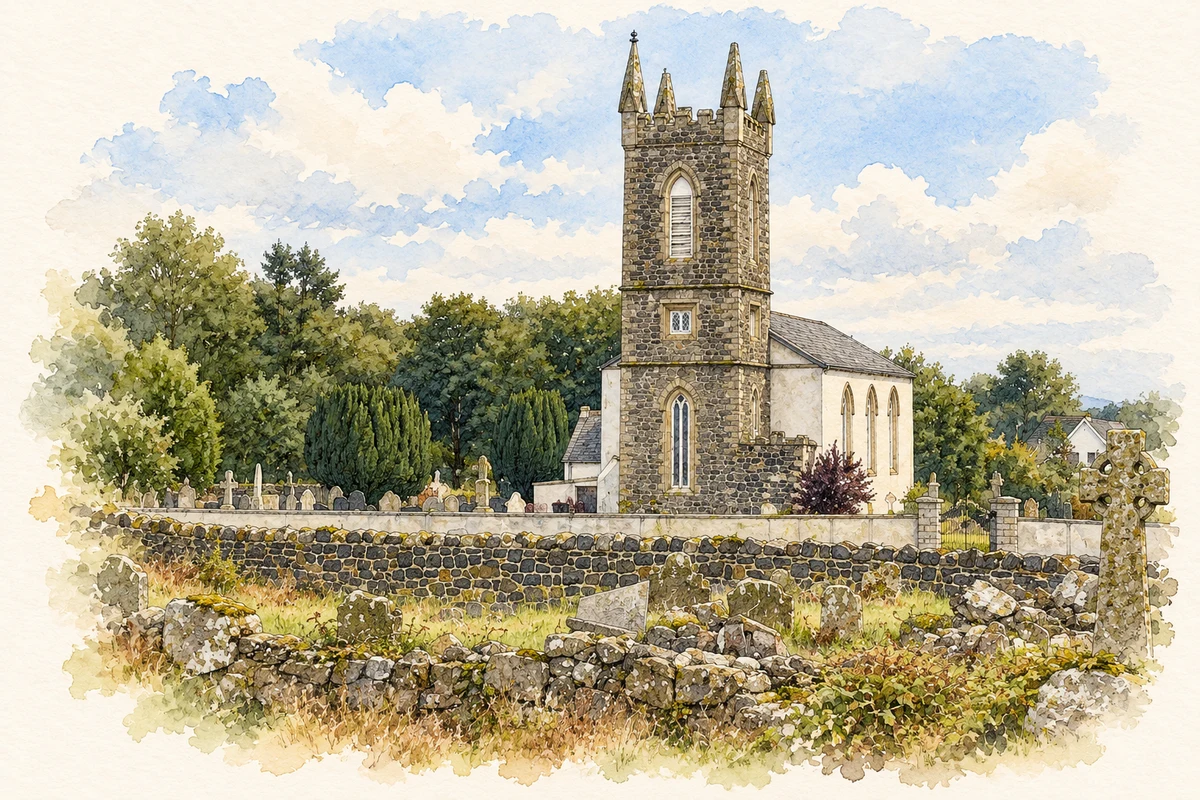 Watercolour and fine ink illustration of Saint Lurach's Church of Ireland, Maghera, County Derry in Maghera.