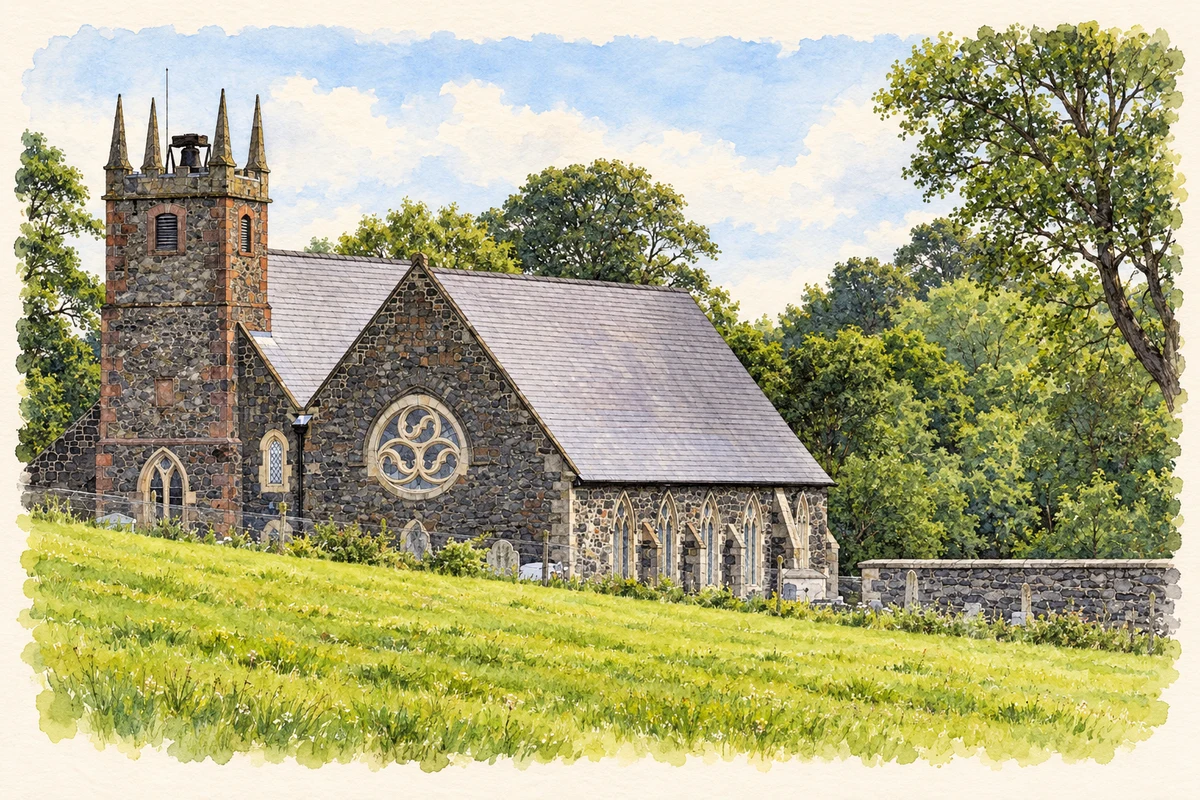 Watercolour and fine ink illustration of Lambeg Parish Church.
