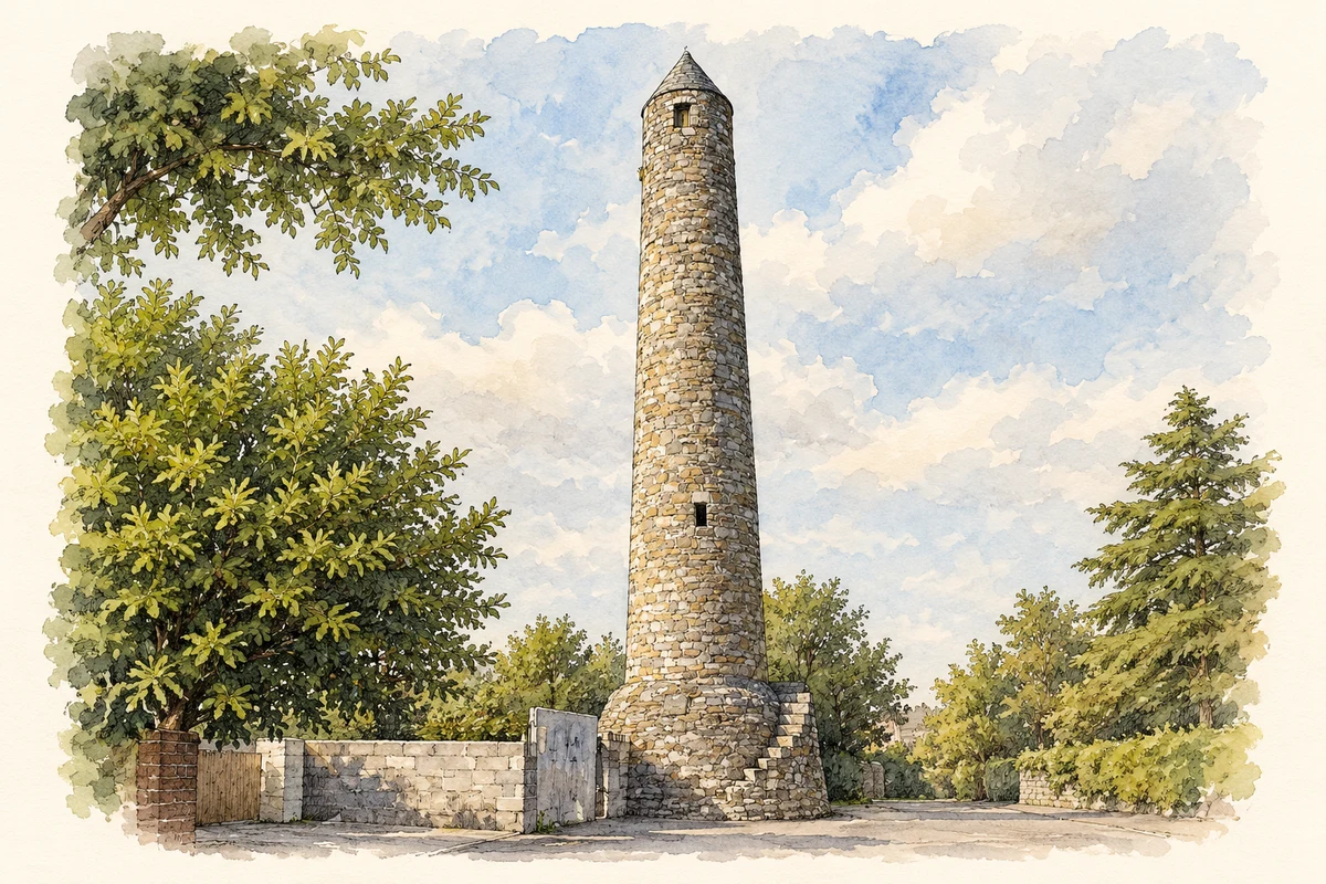 Watercolour and fine ink illustration of Clondalkin Round Tower.