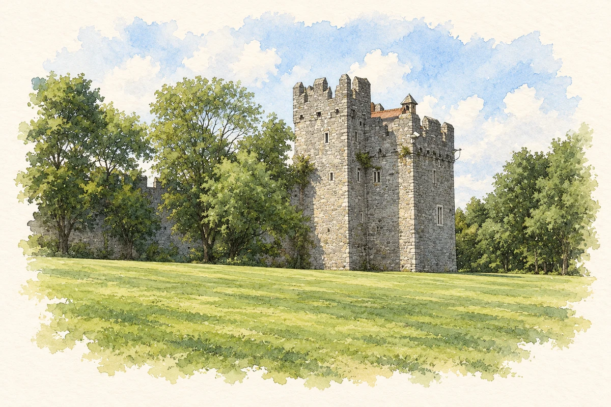 Watercolour and fine ink illustration of Restored tower at Swords Castle, County Dublin in Swords.