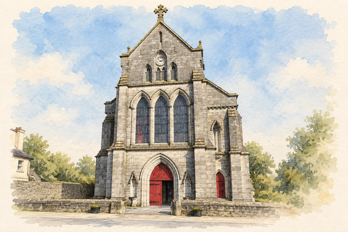 Watercolour and fine ink illustration of Saint Lachtain's Catholic Church, Freshford, County Kilkenny.