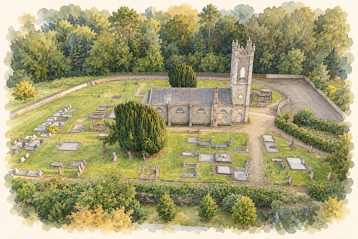 Watercolour and fine ink illustration of Glenealy Church of Ireland.