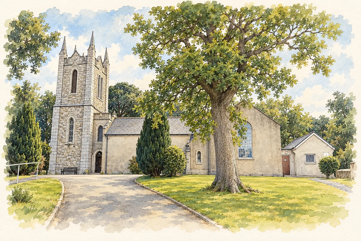 Watercolour and fine ink illustration of St Mochonog's Church, Kilmacanogue, County Wicklow.