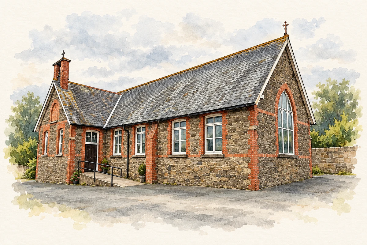 Watercolour and fine ink illustration of St Joseph's Church, Rathnew, County Wicklow.