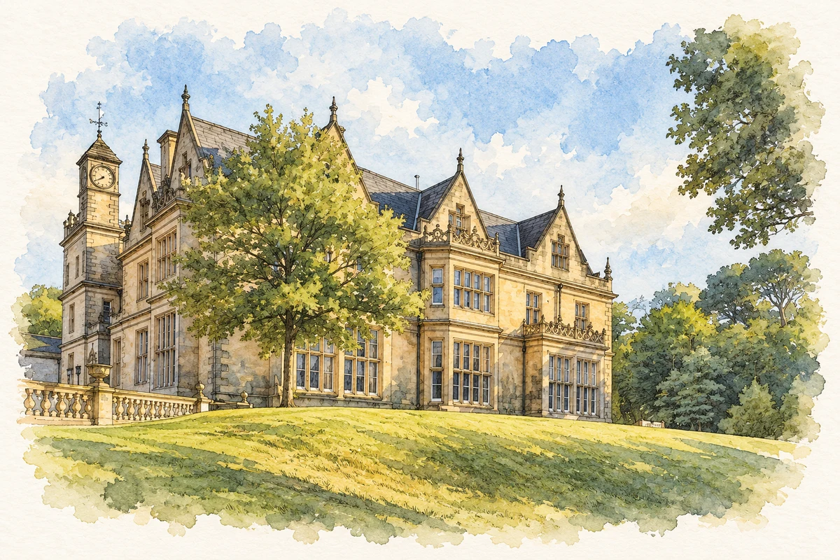 Watercolour and fine ink illustration of Bangor Castle, County Down in Bangor.
