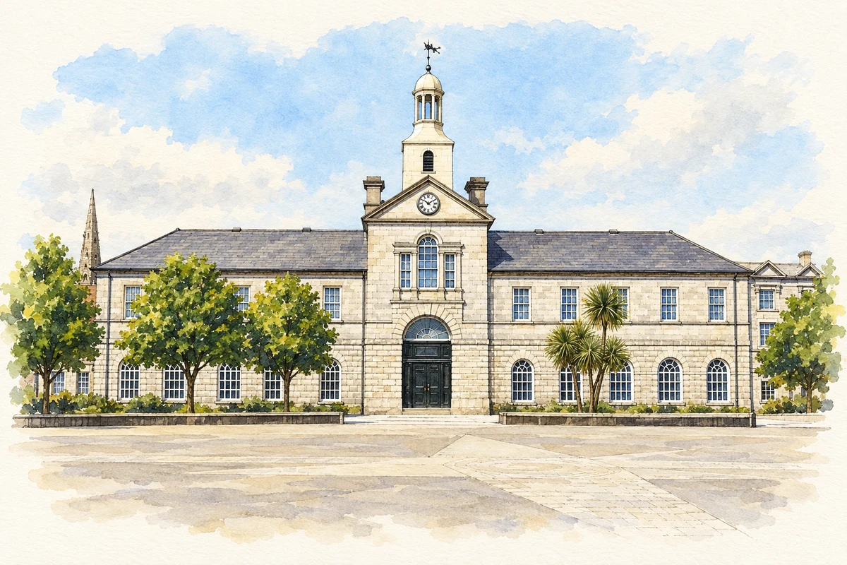 Watercolour and fine ink illustration of Newtownards Market House in Newtownards, showing its complete visible architectural silhouette.