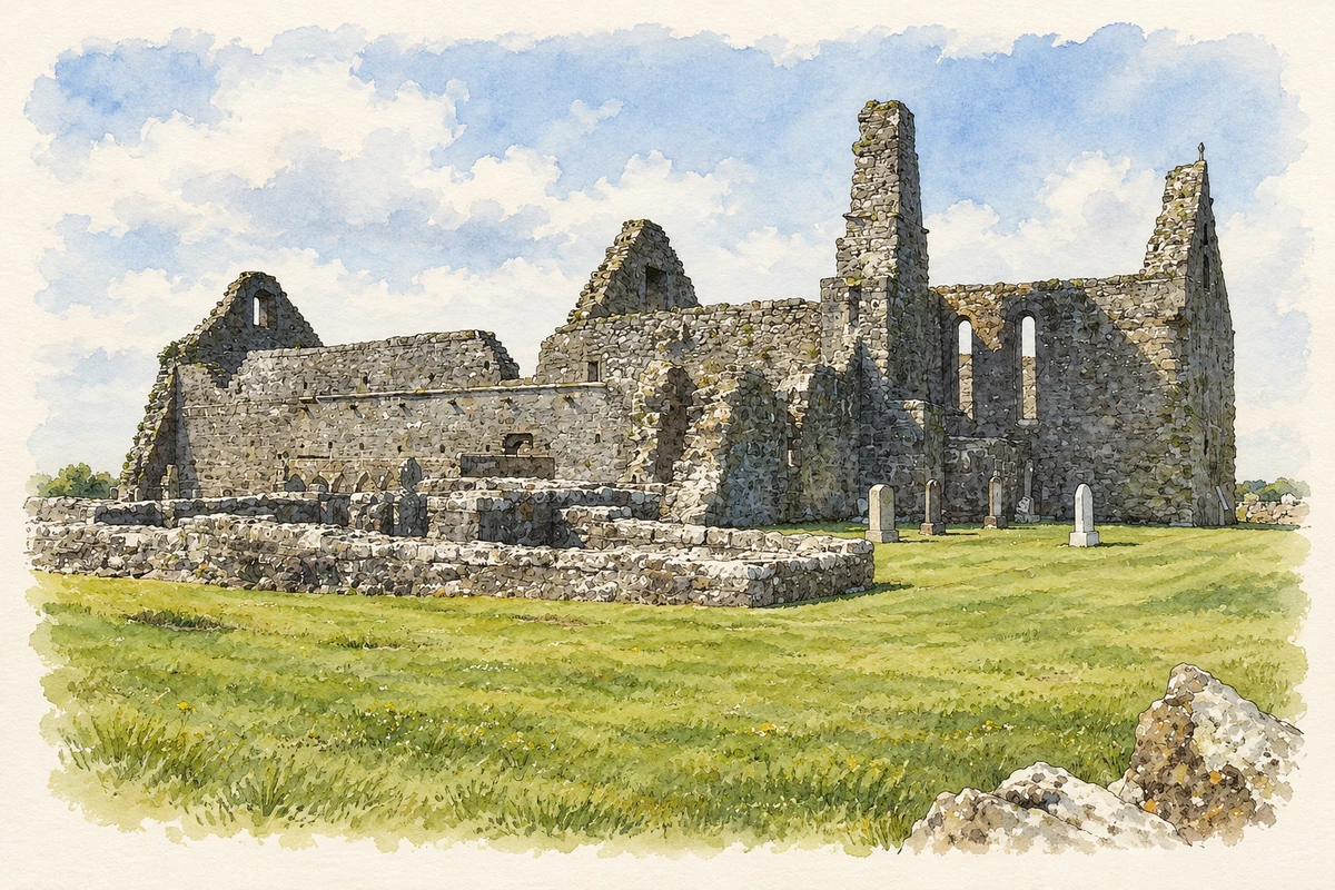 Watercolour and fine ink illustration of Clontuskert Priory, County Galway.